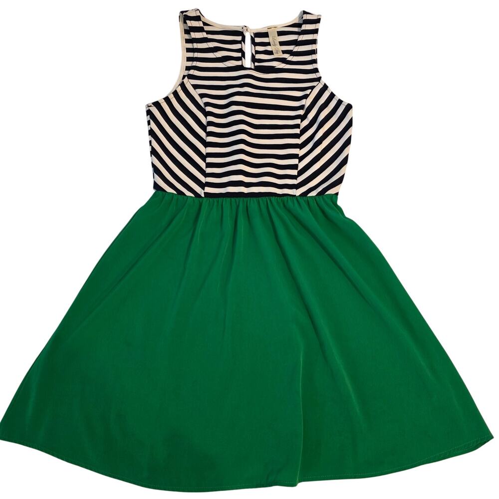 Nautical Navy Striped‎ & Green Skater Dress Fit Flare Lovely Day